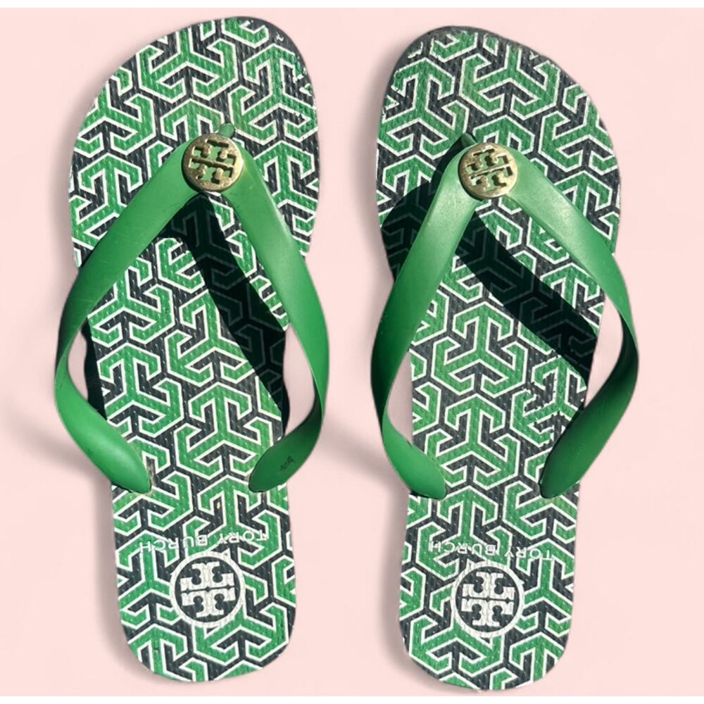 Green and Black Tory Burch Pattern Sandal Flip Flops with Gold accent